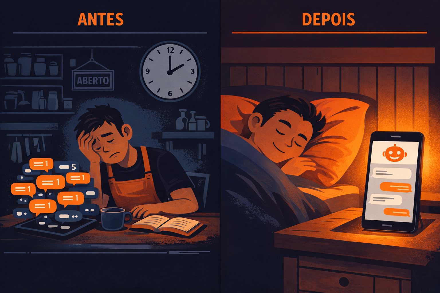 Antes e depois: o dono sozinho com as mensagens às 2h da manhã, e o agente respondendo enquanto ele dorme