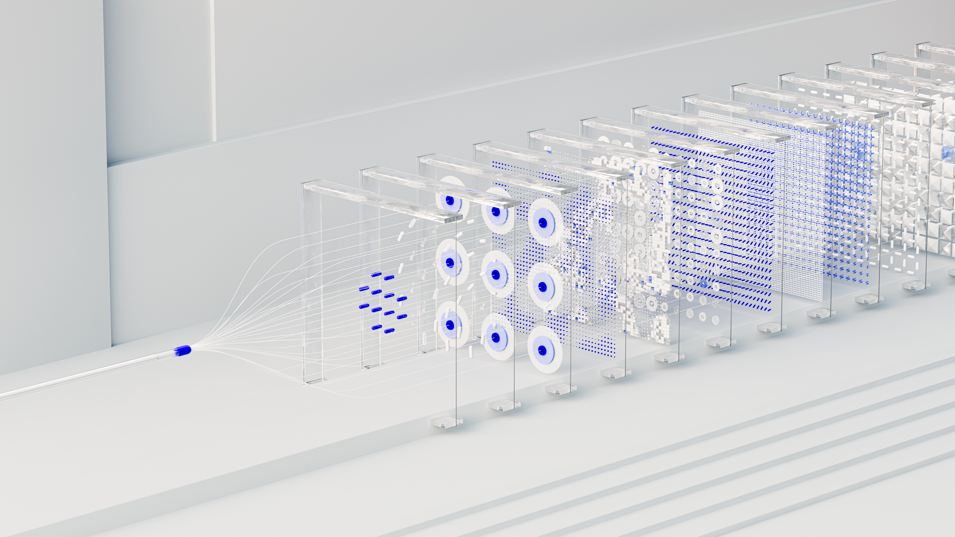 Chips de computador conectados por linhas de luz, simbolizando a infraestrutura de IA e a rede de TPUs.